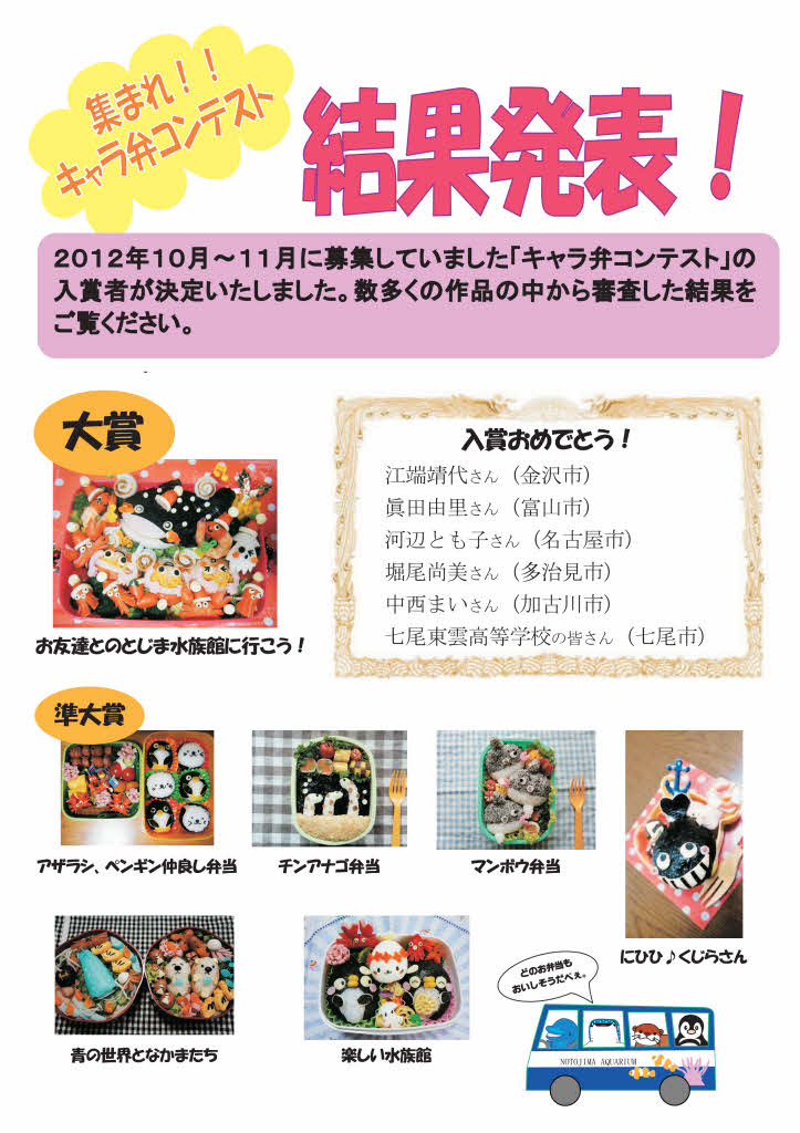 開館30周年記念 キャラ弁コンテスト 結果発表 のとじま水族館 開館30周年記念 キャラ弁コンテスト 結果発表 のとじま水族館